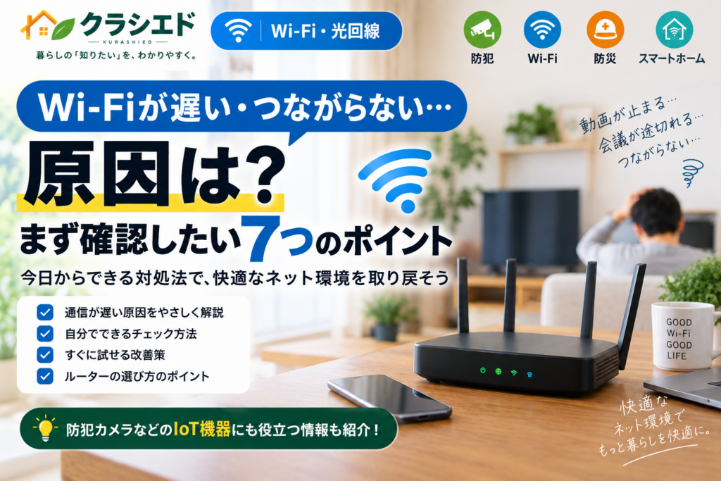 Wi-Fi・光回線のカテゴリー表記入り。Wi-Fiが遅い・つながらない原因と7つの確認ポイントを紹介する記事のアイキャッチ画像