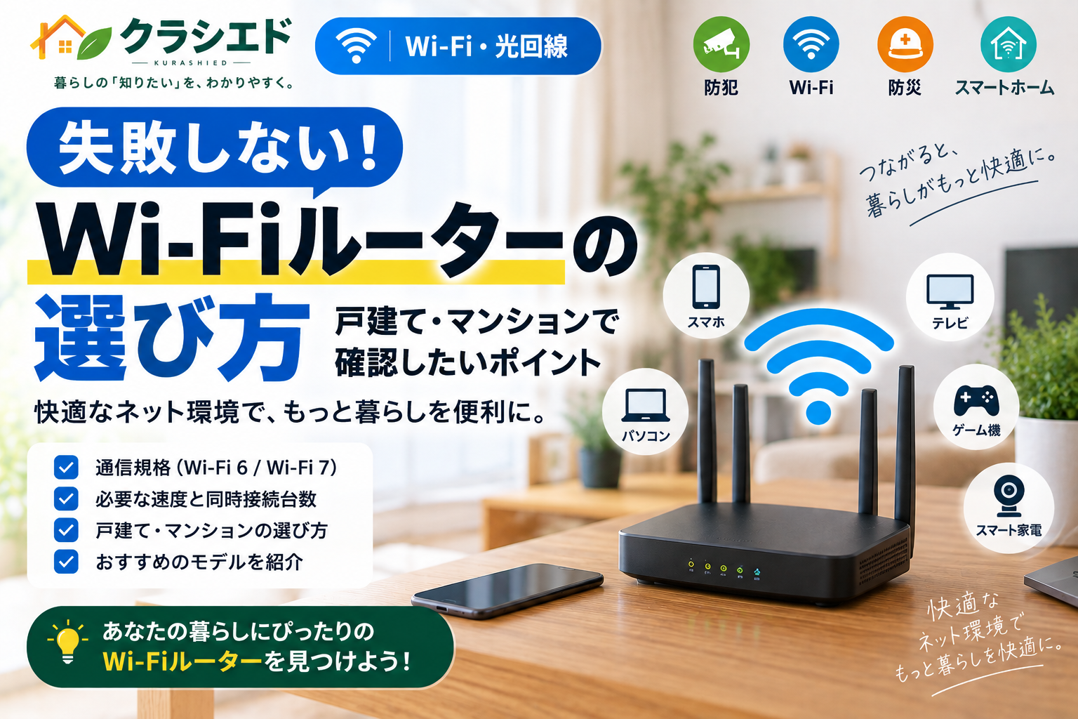 Wi-Fi・光回線カテゴリーの記事「Wi-Fiルーターの選び方｜戸建て・マンションで確認したいポイント」のアイキャッチ画像。Wi-Fiルーターと接続機器を描いたイメージ。