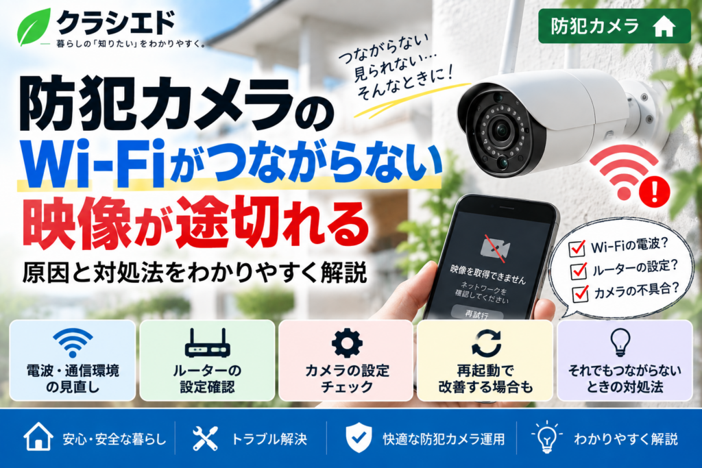 防犯カメラのWi-Fiがつながらない・映像が途切れる原因と対処法を表したアイキャッチ画像