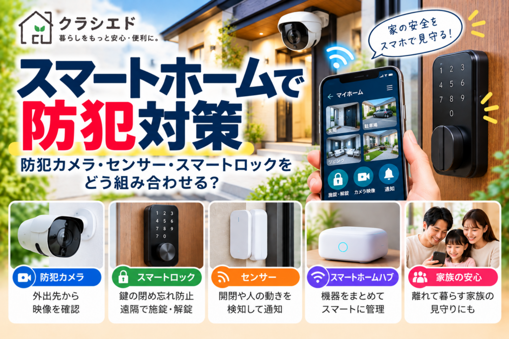 スマートホームで防犯対策をする方法。防犯カメラ、スマートロック、センサーなどの組み合わせを示した図