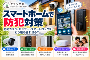 スマートホームで防犯対策をする方法。防犯カメラ、スマートロック、センサーなどの組み合わせを示した図