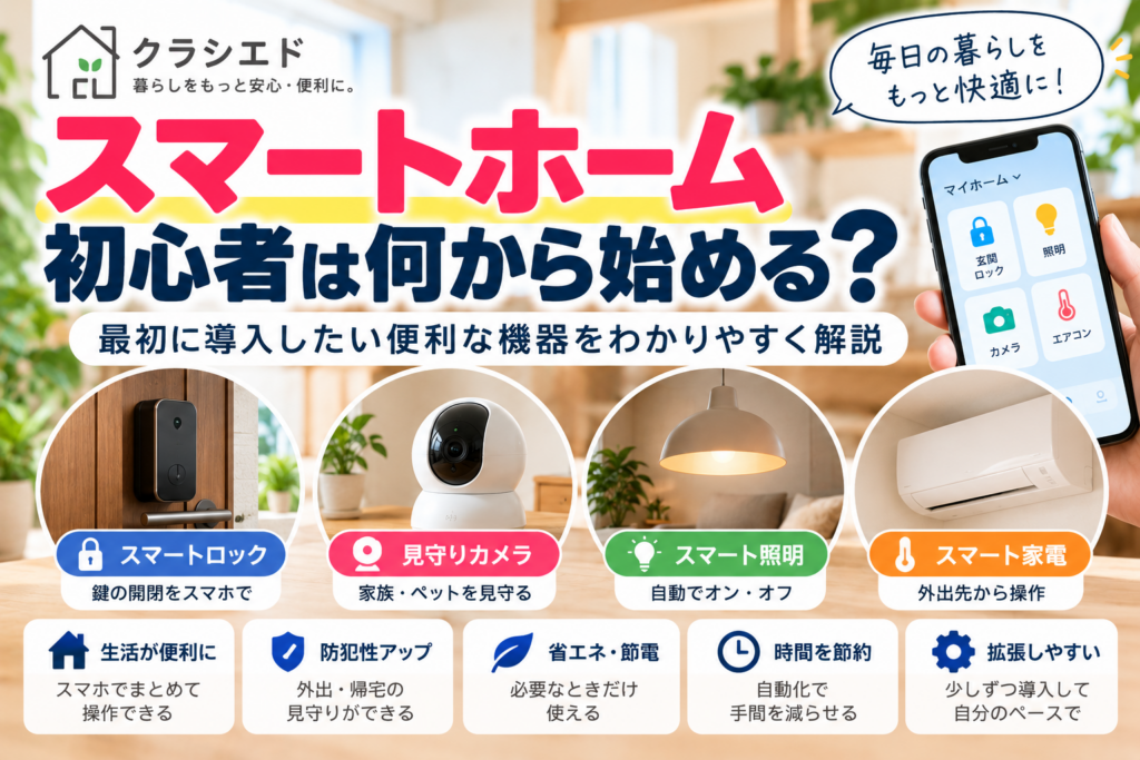 スマートホーム初心者は何から始めるかを解説するクラシエドのアイキャッチ画像。スマートロック、見守りカメラ、スマート照明、スマート家電を紹介