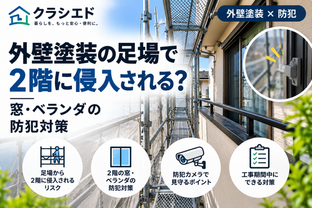 外壁塗装の足場と2階の窓・ベランダの防犯対策を示すイラスト