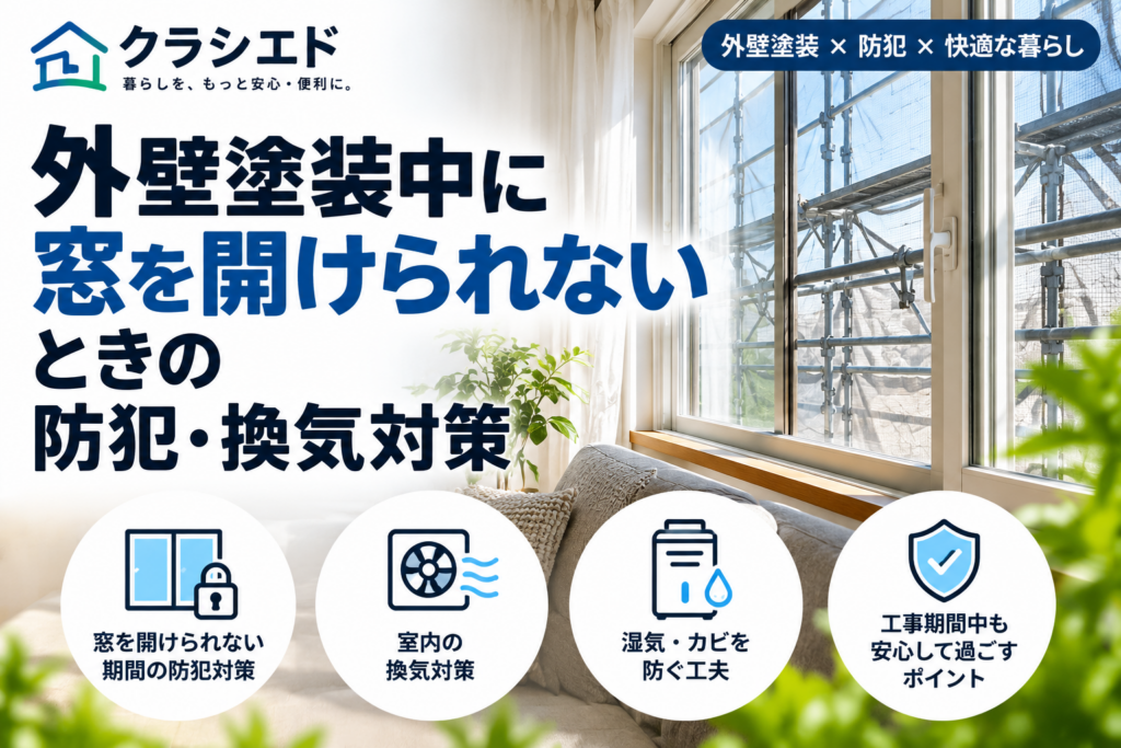 外壁塗装中で足場が組まれた窓と室内の換気・防犯対策を示すイラスト