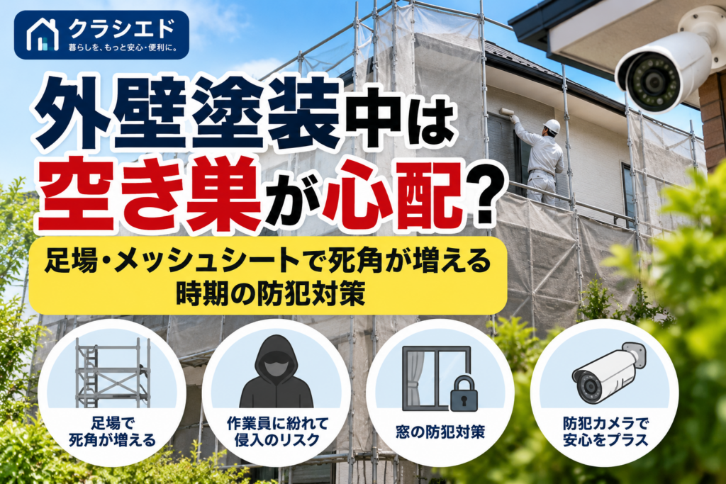外壁塗装中の家と足場、防犯カメラを描いた防犯対策イメージ