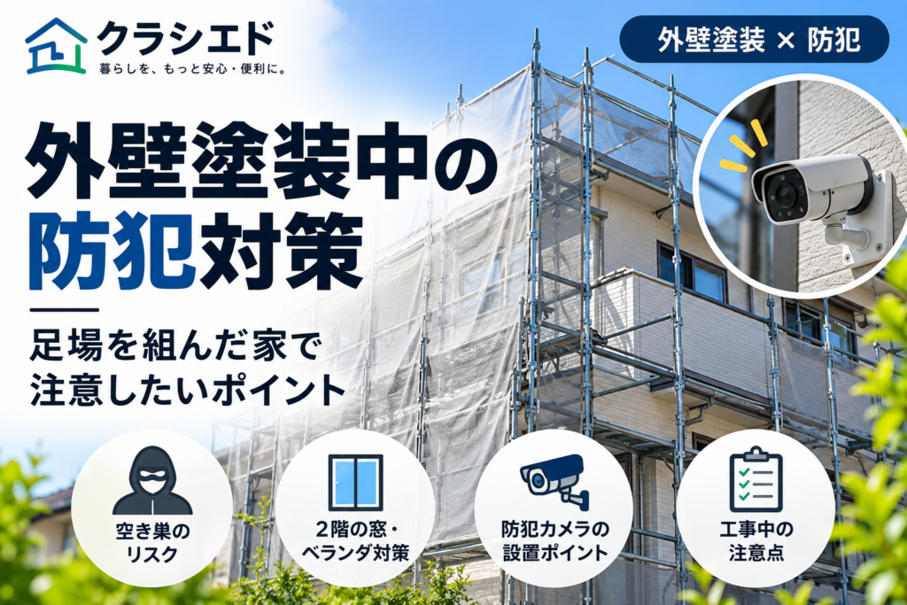 外壁塗装中の住宅と足場を背景にした防犯対策のアイキャッチ