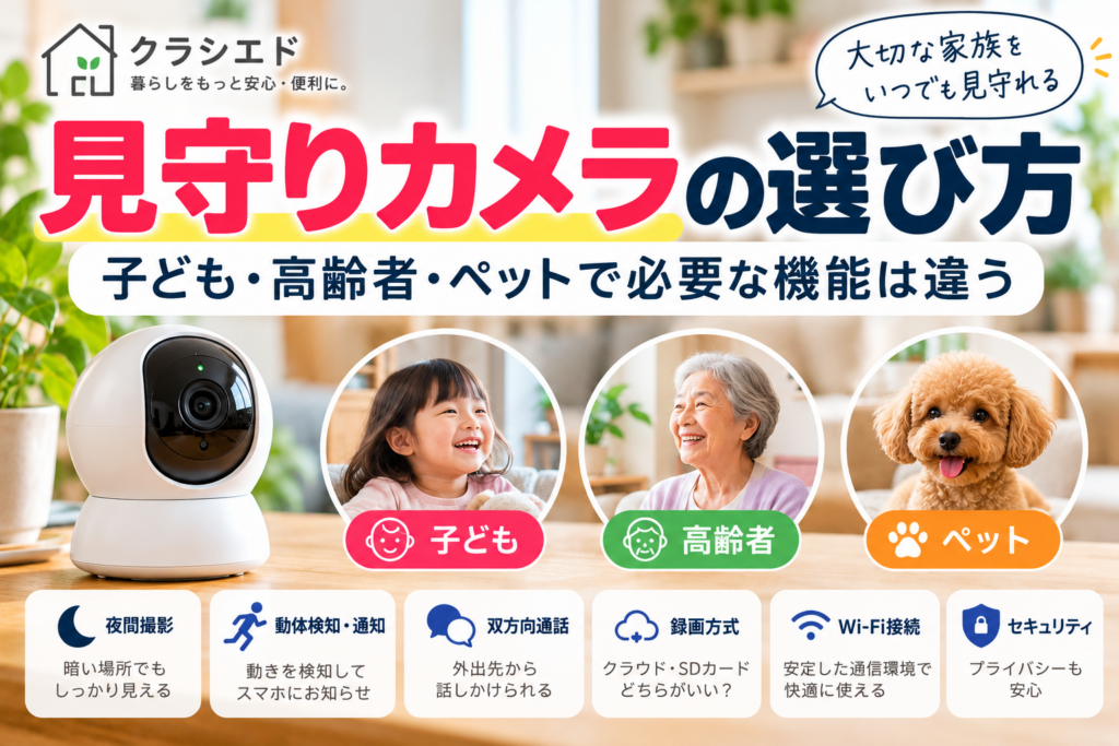 見守りカメラの選び方。子ども・高齢者・ペット別に必要な機能を紹介するクラシエドのアイキャッチ画像