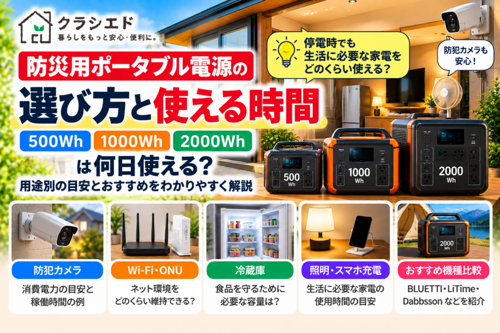 防災用ポータブル電源の選び方。500Wh・1000Wh・2000Whの容量と使える時間の目安