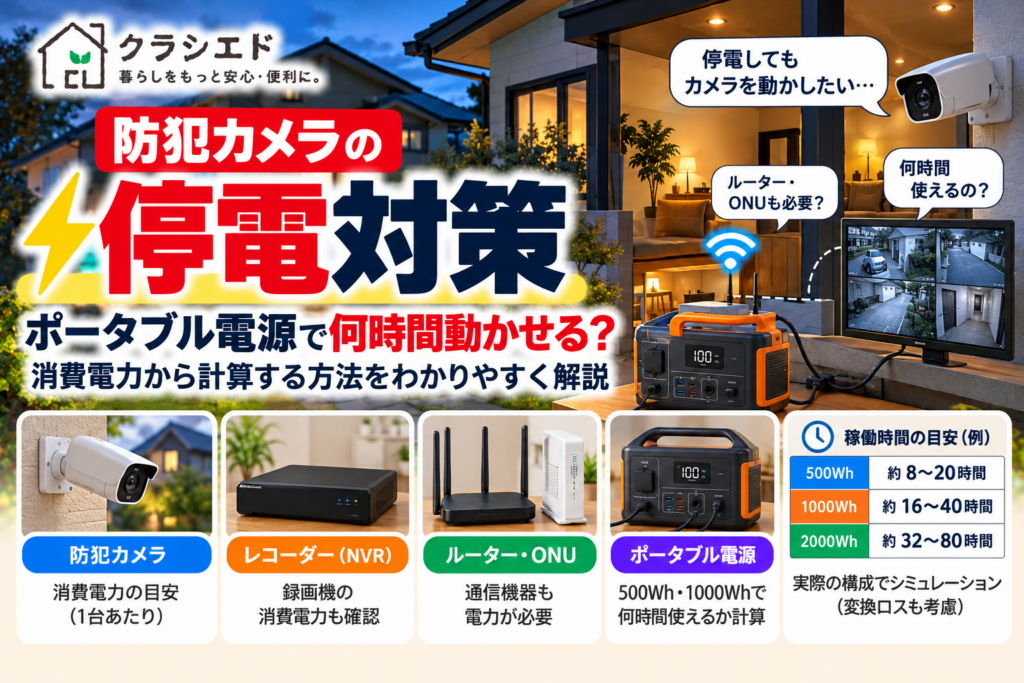 防犯カメラの停電対策。ポータブル電源で何時間動かせるかを消費電力から計算する方法